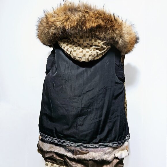New Real Mink Fur-Lined Parka Coat Jacket Vest Raccoon Brown Tan Printed No Fox - Picture 5 of 5